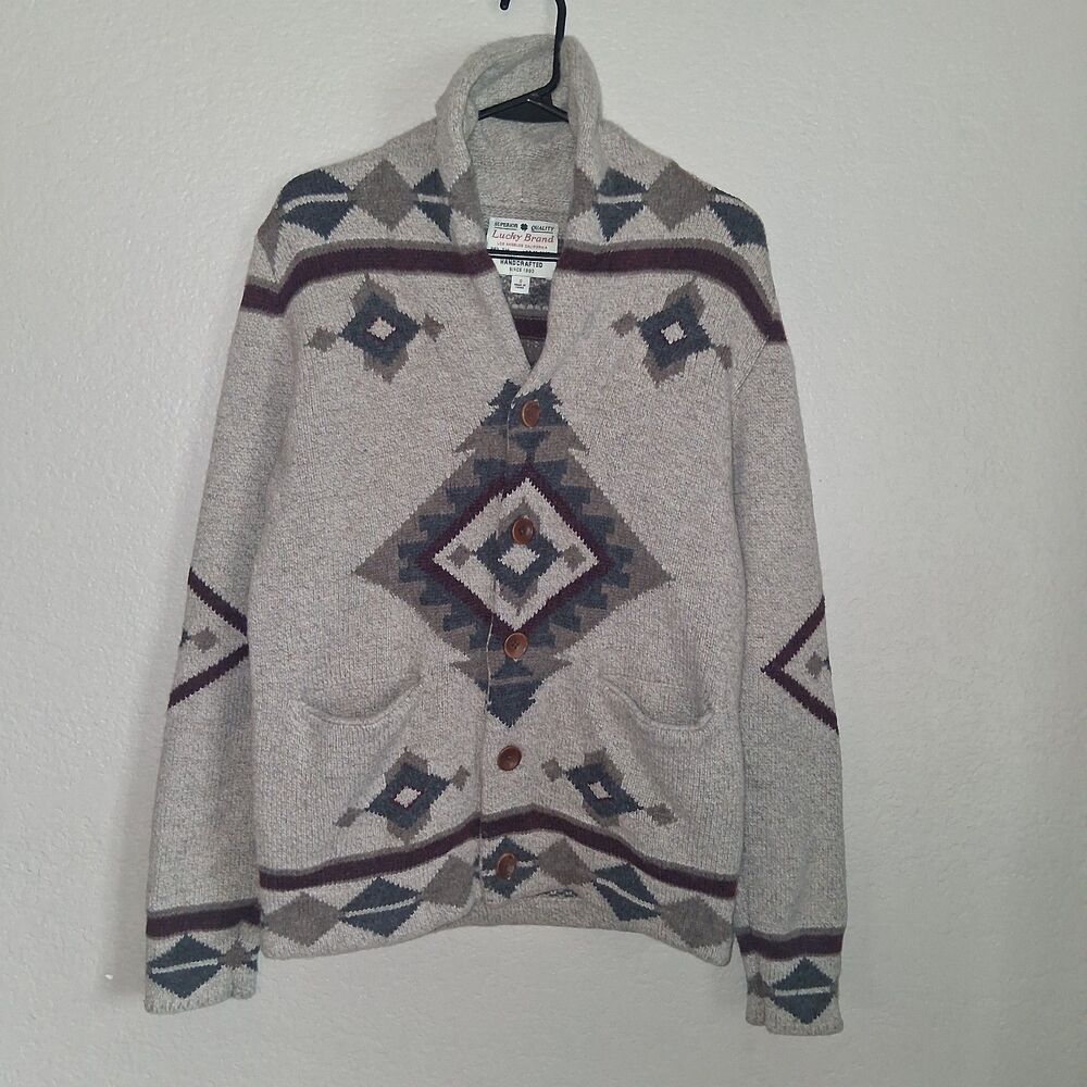Lucky Brand Wool Southwestern Shawl Collar Heavy Knit Cardigan Sweater Small